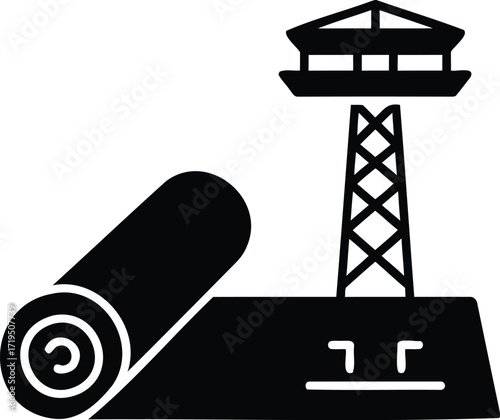 A black and white illustration of a tower with a rolled up mat on a platform in a simple design silhouette