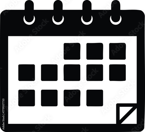 A black and white calendar icon showing days marked off with a small check box in the corner design element silhouette