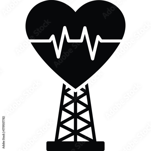 A black and white illustration featuring a heart with a pulse line atop a tower structure design art silhouette