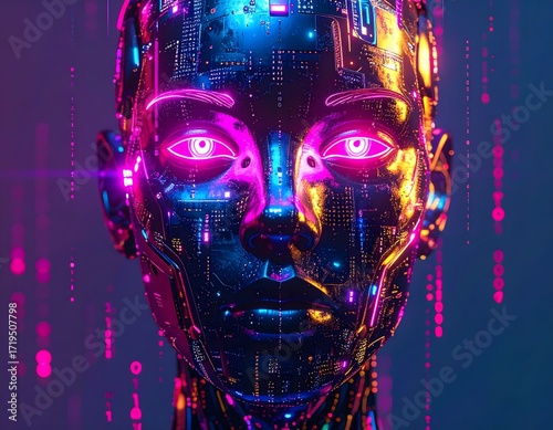 Cybernetic Female Head with Glowing Eyes