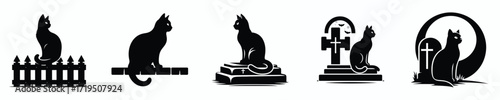 black cat silhouette vector in halloween graveyard