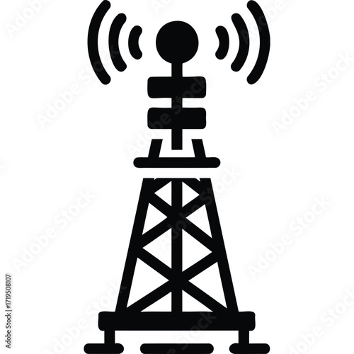 Illustration of a black transmission tower with signal waves emitting from the top on a white background silhouette