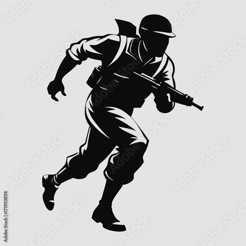 Silhouette of a soldier in tactical gear running with a rifle ready for combat