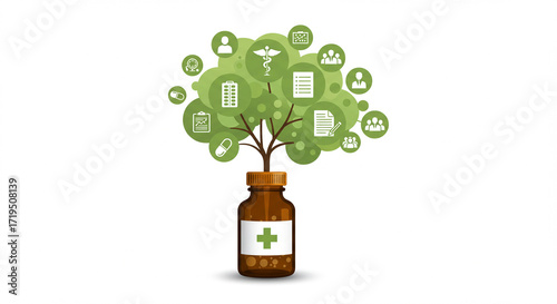 Medicine Bottle Tree with Healthcare Icons on White Background, Medical Concept
