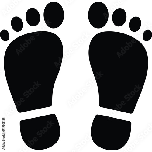 A pair of black footprint silhouettes isolated on white background representing human feet and toes design