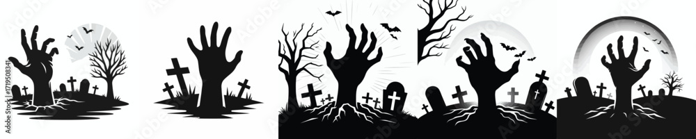Obraz premium vector silhouette hand emerging from halloween graveyard