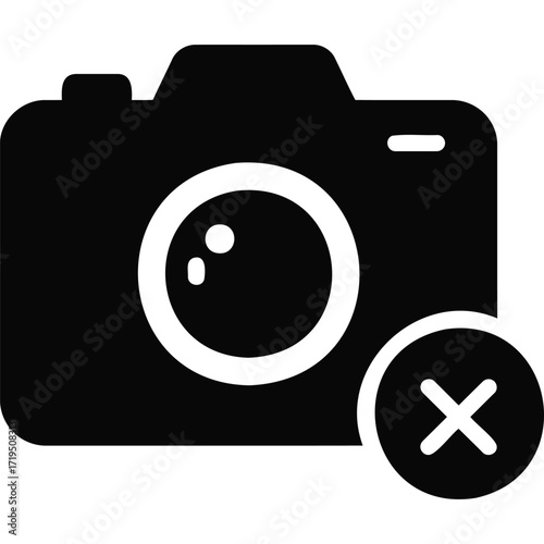 A black and white icon of a camera with a circle and x symbol indicating a deletion or error state silhouette