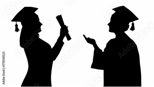 Silhouette of two graduates facing each other one holding a diploma and the other pointing a finger up