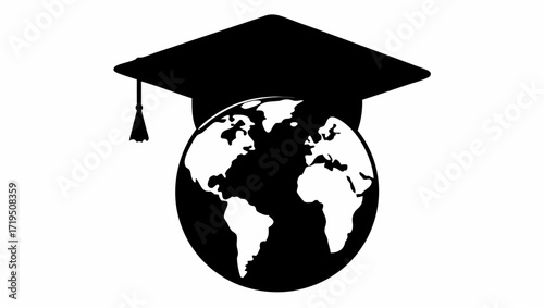 Silhouette of graduation cap with tassel above world globe representing global education and learning concept