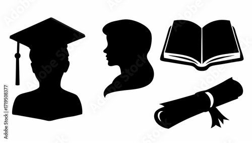 Silhouette of graduate with cap, woman profile, open book, and diploma scroll in black and white design