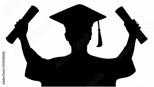 Silhouette of graduate holding diplomas with graduation cap and tassel in a celebratory pose standing up