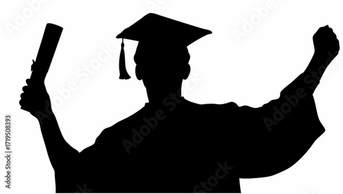 Silhouette of a graduate in cap and gown holding diploma with arms raised in a celebratory gesture of success