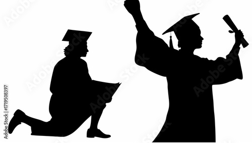 Silhouette of two graduates one kneeling with a book and one raising a diploma in celebration pose