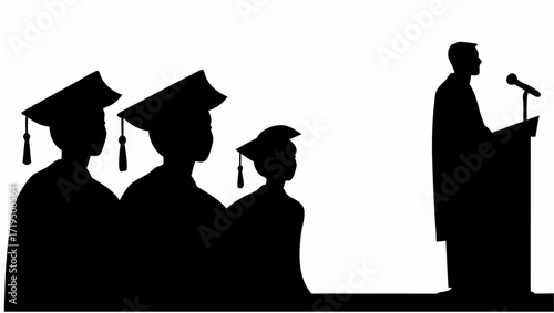 Silhouette of speaker at podium addressing graduates in caps and gowns in black and white graduation scene