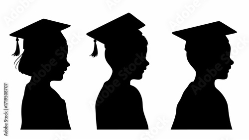 Silhouettes of three people in graduation caps in side profile view against a white background image view