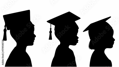 Silhouette of three children wearing graduation caps in a row against a white background in monochrome style