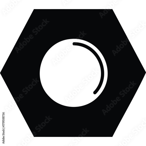A black hexagon shape with a white circle in the middle and a black outline on the right side of it silhouette