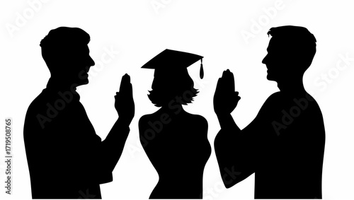 Silhouettes of two men and a graduate raising their hands in a pledge on a white background scene view