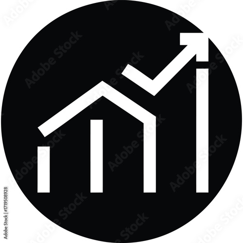 A graphic representation of a house silhouette with an upward trending arrow inside a black circle icon