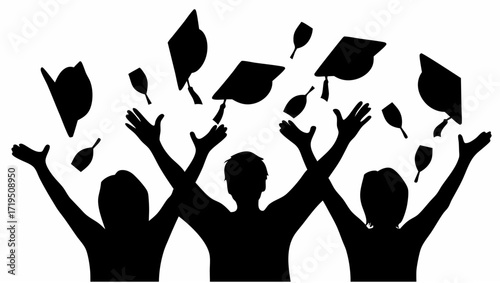 Silhouette of three graduates throwing graduation caps in the air in celebration of their achievement