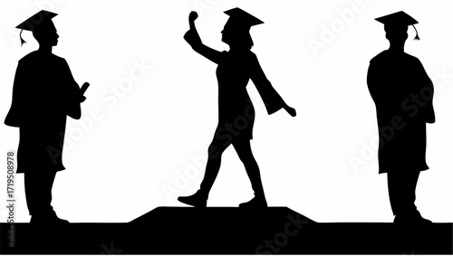Silhouetted graduates in caps and gowns stand and walk on a platform in a celebratory graduation scene