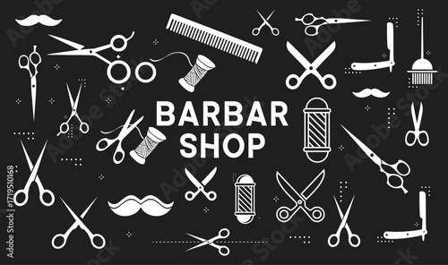 Barber Tools for Haircut black and white vector icon set