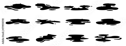 Black puddles of spilled oil. Liquid ink puddle, toxic elements. Water spilling elements, flat dark silhouettes. Isolated nature vector clipart
