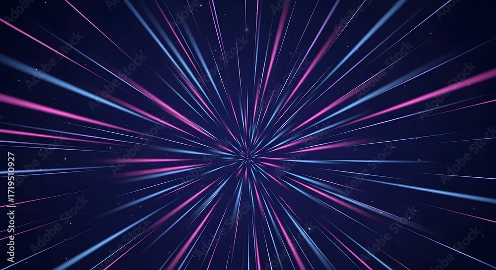 Fototapeta premium Light speed travel concept pink and blue light streaks radiating from a central point symbolizing warp speed for sci-fi technology background use.