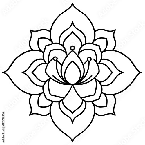 A detailed line art coloring page for adults, featuring an abstract wild floral pattern in the style of a Mandela design