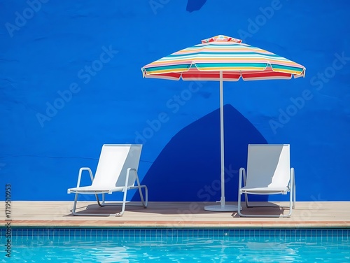 Brightly colored umbrella shades two chairs by a pool