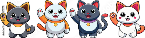 cartoon lucky cat illustration, cute maneki neko, funny waving cat cartoon, adorable fortune cat drawing, japanese lucky cat artwork, happy neko character, smiling cat vector, child-friendly lucky cat