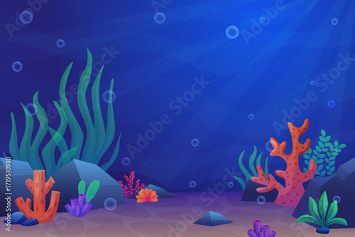 Underwater cartoon background. Sea or ocean with seaweeds, shells and stones, water bubbles. Nautical bright illustration with plants, sea bottom vector scene original artwork
