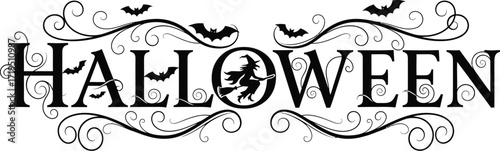 Halloween decorative text with bats and witch