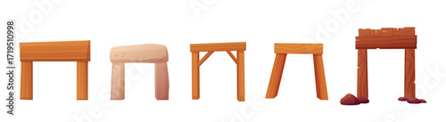 Wooden and stones arches. Entries in mines, taverns, cartoon arch in wild west style. Isolated architecture elements for decor and design, vector set