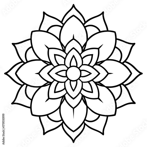 A detailed line art coloring page for adults, featuring an abstract wild floral pattern in the style of a Mandela design
