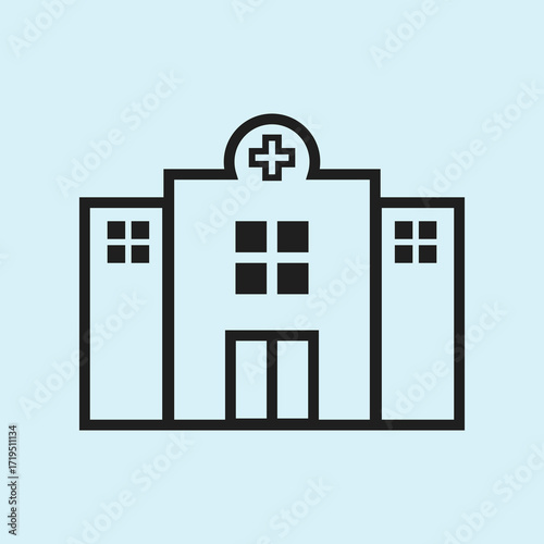 Stylized medical of a building, minimalist architectural icon, geometric design, vector graphic, and line art design.