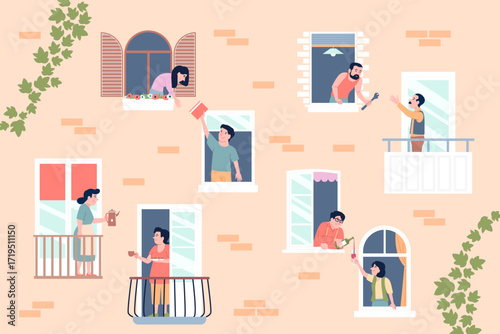 Neighbors share things. People look out of windows and pass different objects to each other, sharing tea, book, drinking wine together. Good neighbor recent vector scene