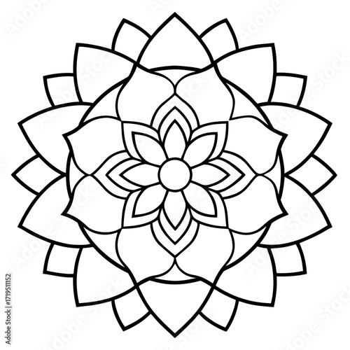A detailed line art coloring page for adults, featuring an abstract wild floral pattern in the style of a Mandela design