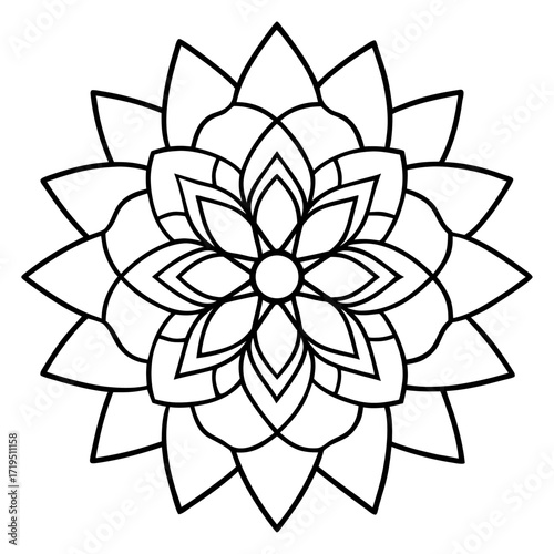A detailed line art coloring page for adults, featuring an abstract wild floral pattern in the style of a Mandela design