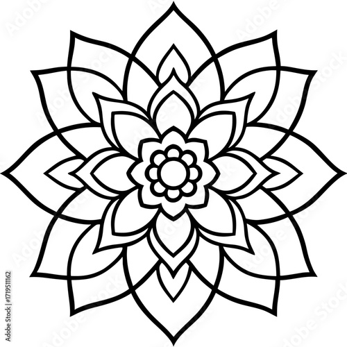 A detailed line art coloring page for adults, featuring an abstract wild floral pattern in the style of a Mandela design