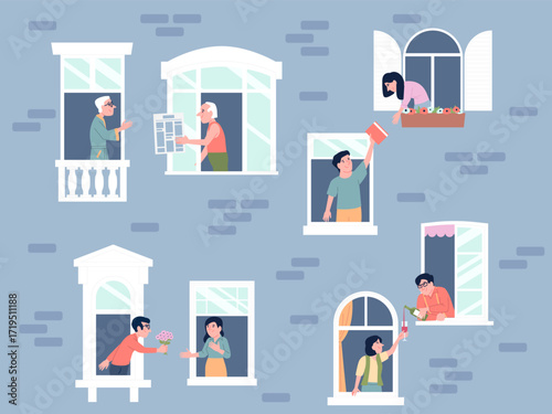 Neighborhood community. Good neighbors sharing things, book, morning newspaper, drinks and gifting flowers. People in windows, recent vector scene
