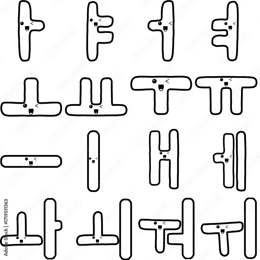Fototapeta premium Cute korean alphabet vowel doodle character with wink expression and highlighted heart eyes, an outline black and white illustration set for stickers, emoji, and coloring books.