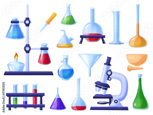 Cartoon chemical laboratory equipment. Glass flask and test tubes, microscope, bowl. Science tools, chemistry biology lab inventory, nowaday vector set