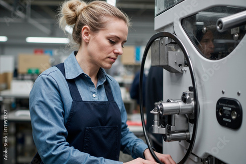 woman operating industrial machine in factory , focusing on precise manual task, wearing work apron, demonstrating concentration and technical skill