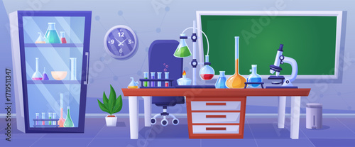 Chemical laboratory interior. Refrigerator for laboratory chemical or biological samples and specimens. Glass flasks and test tubes, science cabinet nowaday vector scene