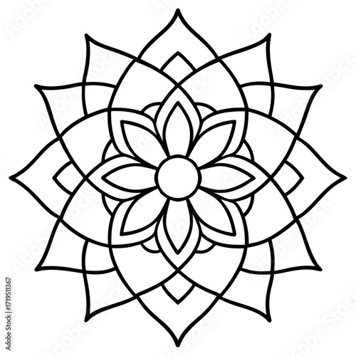 A detailed line art coloring page for adults, featuring an abstract wild floral pattern in the style of a Mandela design