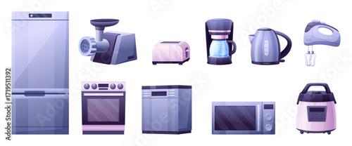 Cartoon kitchen electronics. Home appliances for cooking, fridge, coffee maker and pot. Meat grinder microwave oven mixer multicooker nowaday vector set