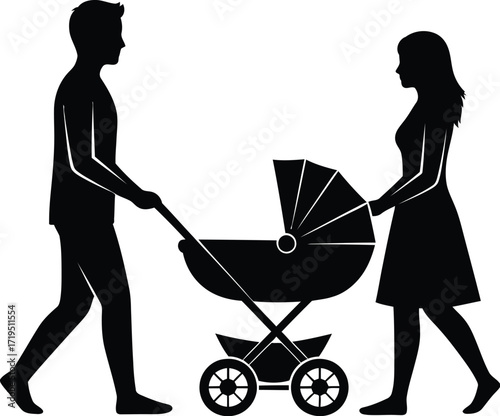 Silhouette of a young family, father and mother pushing a baby stroller, isolated on white background concept of family and parenthood