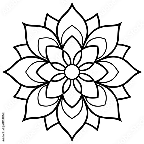 A detailed line art coloring page for adults, featuring an abstract wild floral pattern in the style of a Mandela design
