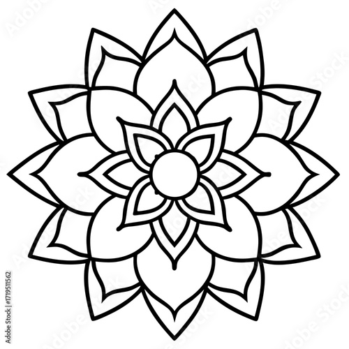 A detailed line art coloring page for adults, featuring an abstract wild floral pattern in the style of a Mandela design
